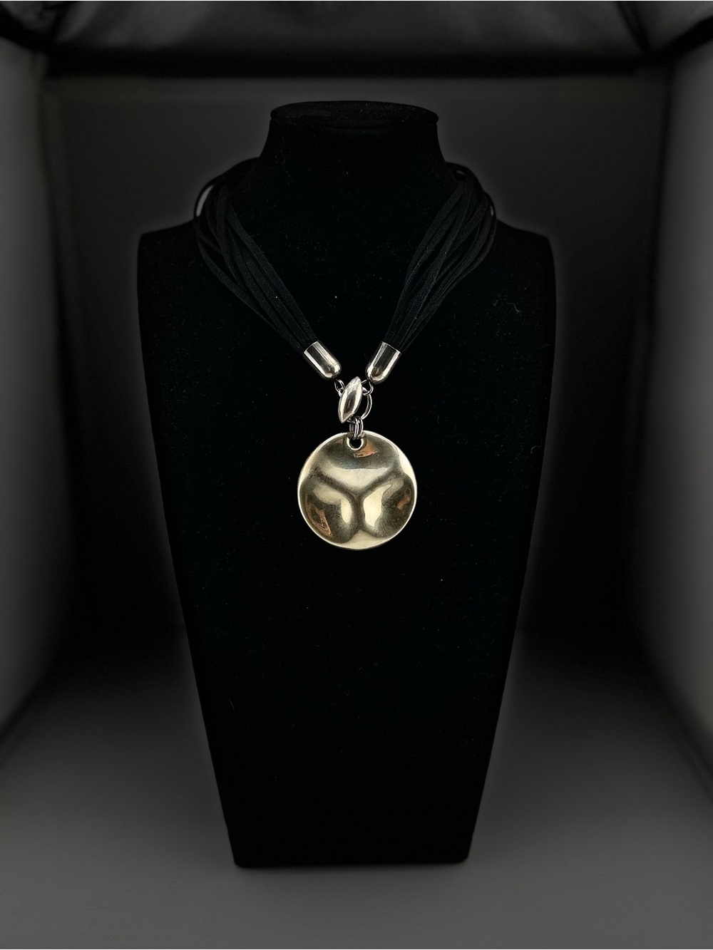 Sterling Silver 925 Disc Pendant Necklace on Black Multi-Strand Cord - Picture 1 of 8